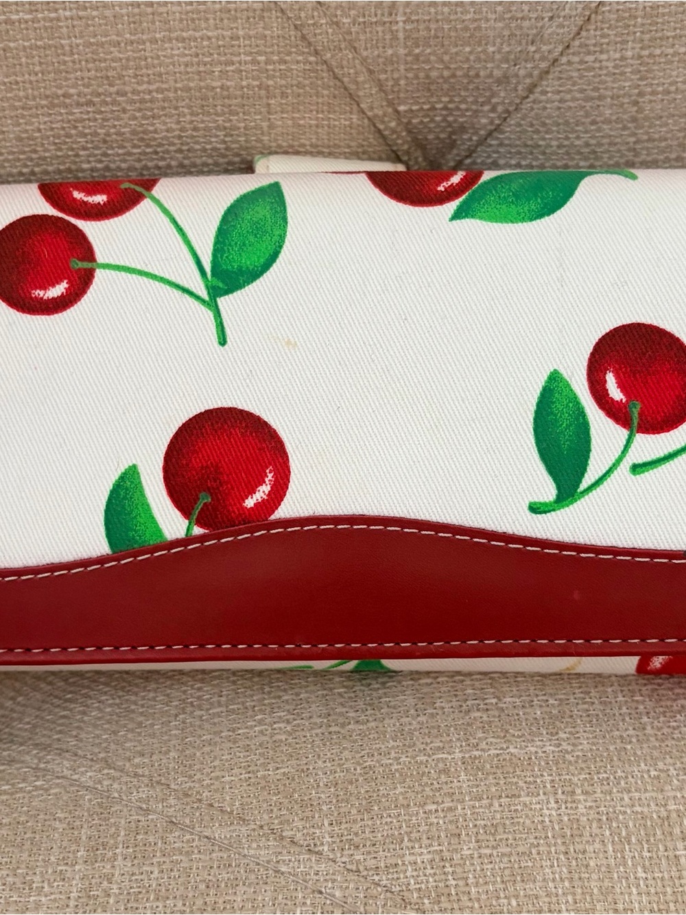 White Cherry Print Wallet with Red Accent